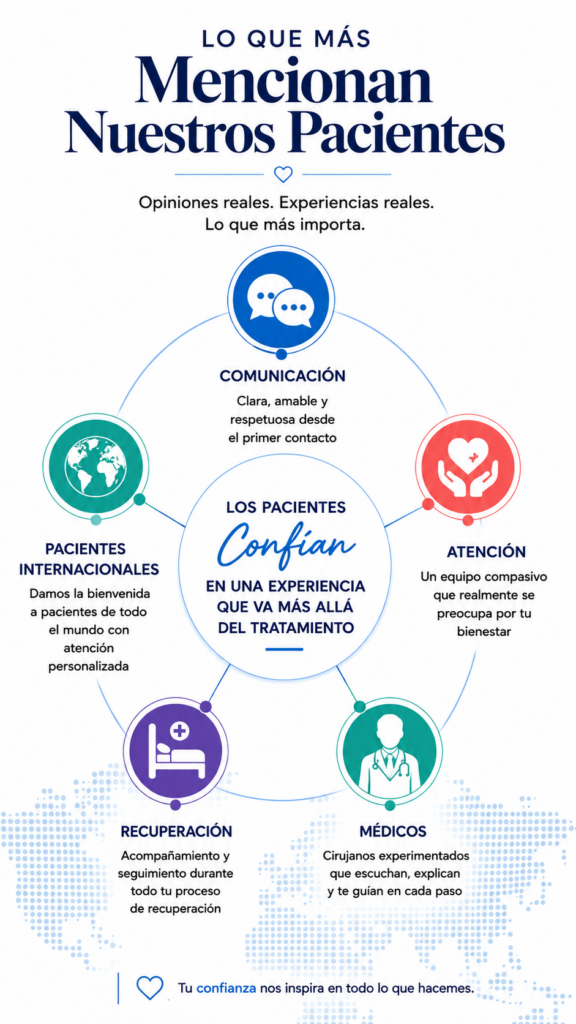 Infografía que resume lo que más destacan los pacientes en las opiniones de Surgery in Peru, incluyendo comunicación, atención personalizada, médicos especialistas y recuperación.
